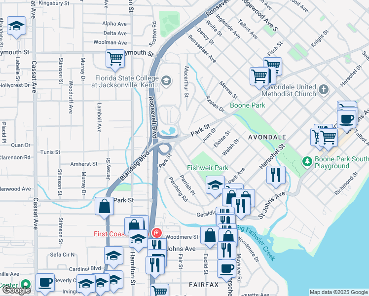 map of restaurants, bars, coffee shops, grocery stores, and more near 3957 Jean Street in Jacksonville