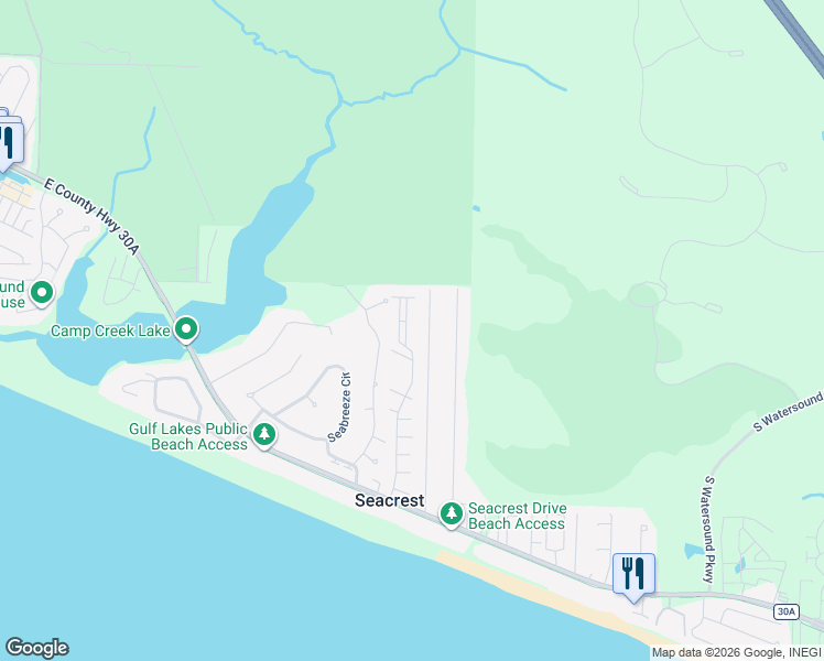 map of restaurants, bars, coffee shops, grocery stores, and more near 314 Seabreeze Boulevard in Panama City Beach