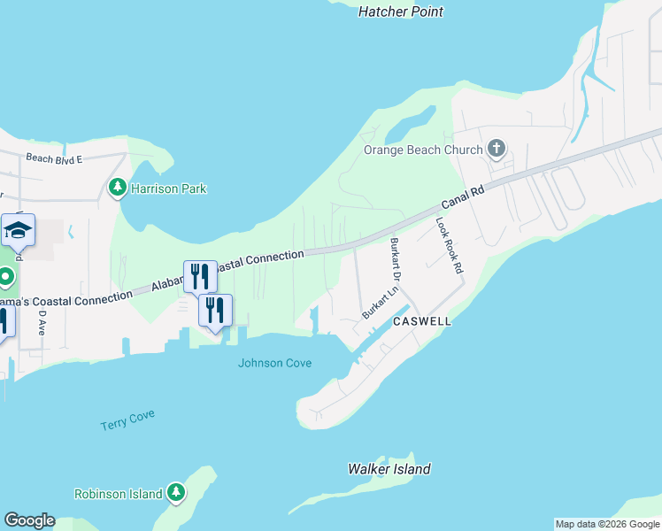 map of restaurants, bars, coffee shops, grocery stores, and more near 28270 Canal Road in Orange Beach
