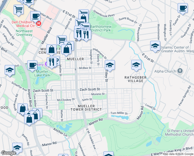 map of restaurants, bars, coffee shops, grocery stores, and more near 4818 Camacho Street in Austin