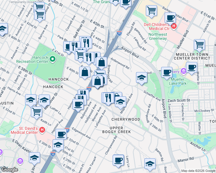 map of restaurants, bars, coffee shops, grocery stores, and more near 1305 Kirkwood Road in Austin