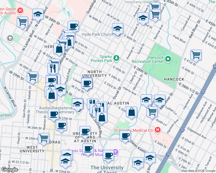 map of restaurants, bars, coffee shops, grocery stores, and more near 306 East 32nd Street in Austin