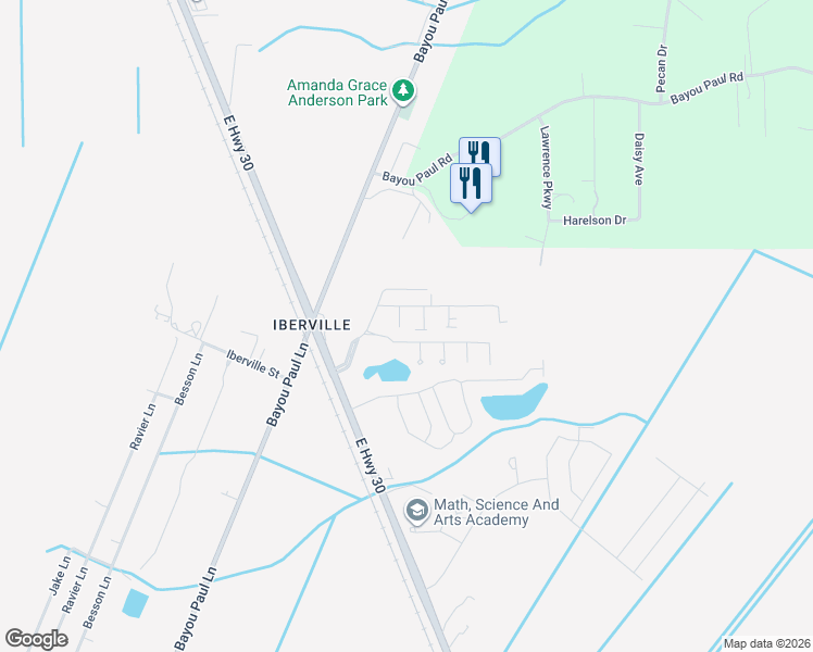 map of restaurants, bars, coffee shops, grocery stores, and more near 1335 Belle Terre Drive in Saint Gabriel