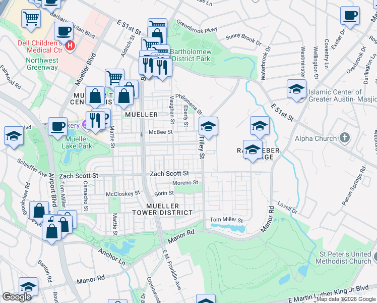 map of restaurants, bars, coffee shops, grocery stores, and more near 4908 Camacho Street in Austin