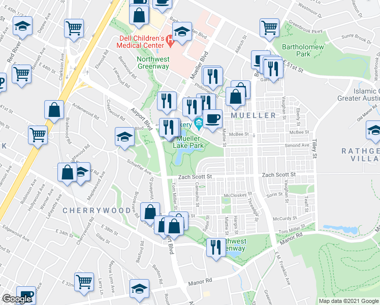 map of restaurants, bars, coffee shops, grocery stores, and more near 200 S Lamar Blvd in Austin