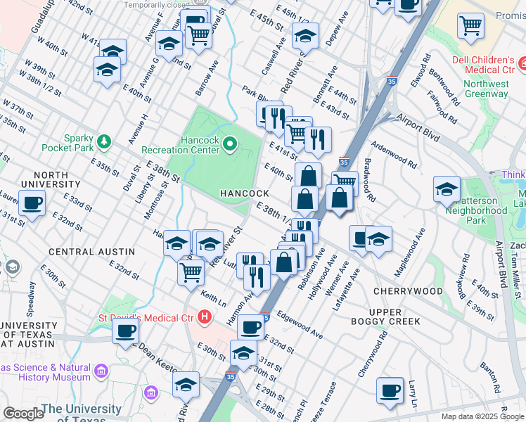 map of restaurants, bars, coffee shops, grocery stores, and more near 1000 East 38th Street in Austin