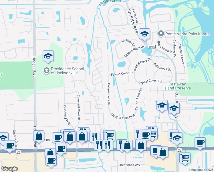 map of restaurants, bars, coffee shops, grocery stores, and more near 2805 Sunland Drive in Jacksonville