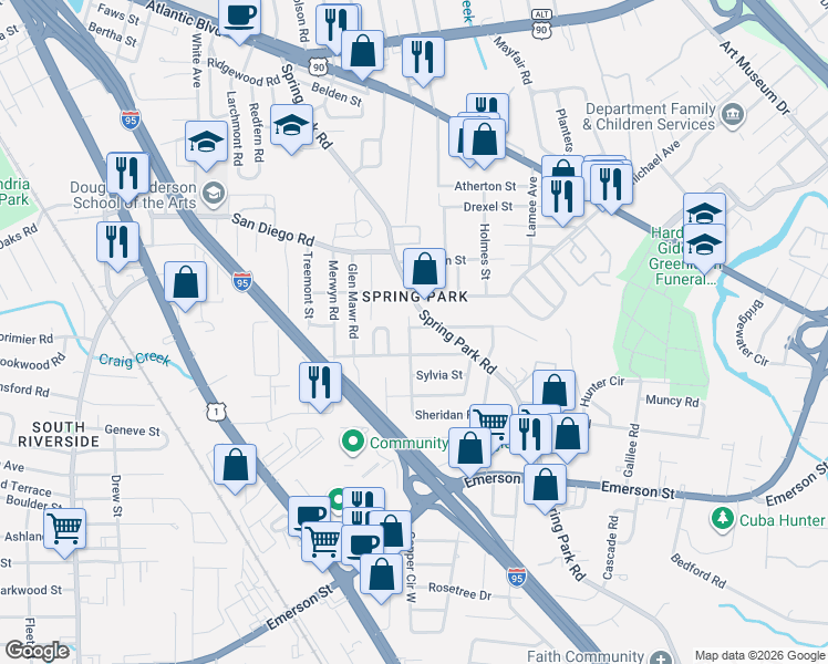 map of restaurants, bars, coffee shops, grocery stores, and more near 3243 Claremont Road in Jacksonville