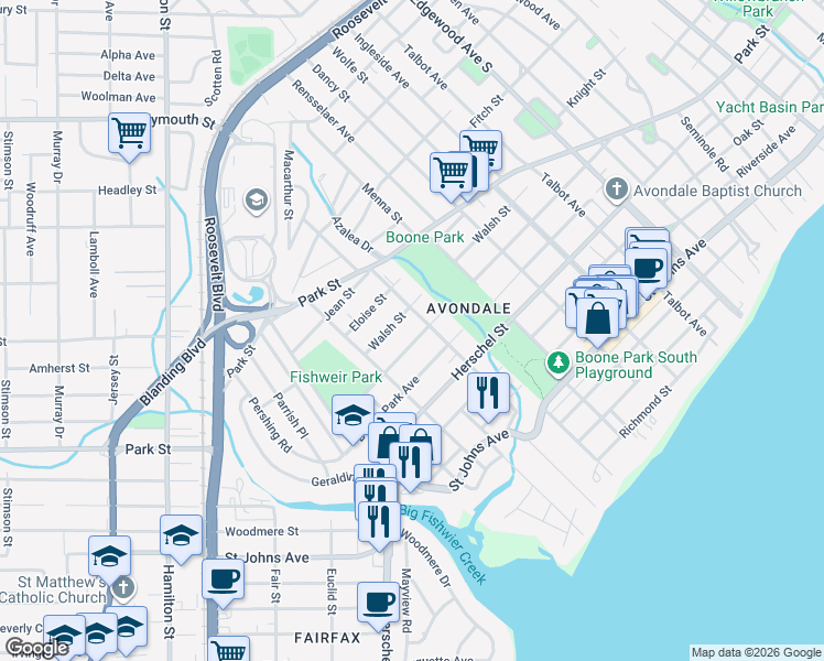 map of restaurants, bars, coffee shops, grocery stores, and more near 3858 Valencia Road in Jacksonville
