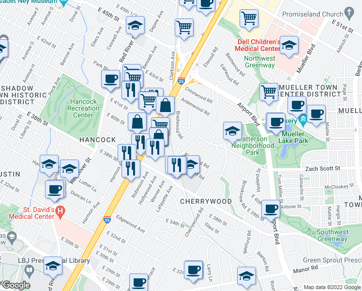 map of restaurants, bars, coffee shops, grocery stores, and more near 1305 Kirkwood Road in Austin