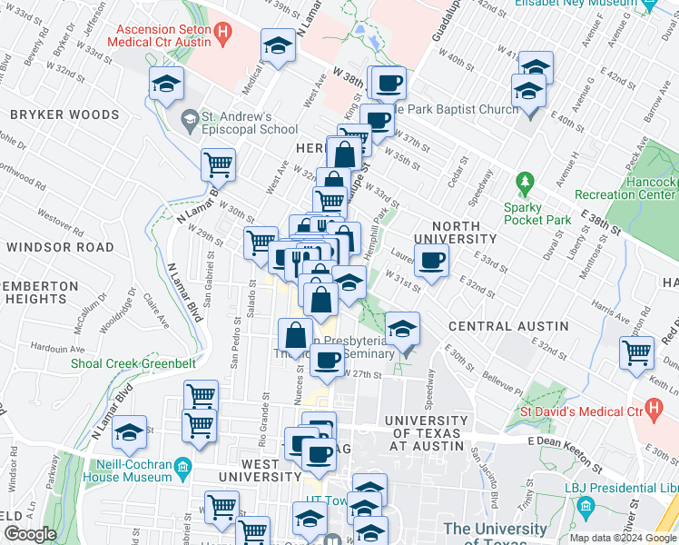 map of restaurants, bars, coffee shops, grocery stores, and more near 2910 Fruth Street in Austin
