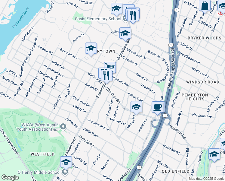 map of restaurants, bars, coffee shops, grocery stores, and more near 3009 Windsor Road in Austin