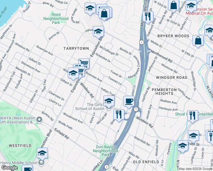 map of restaurants, bars, coffee shops, grocery stores, and more near 2305 Bowman Avenue in Austin