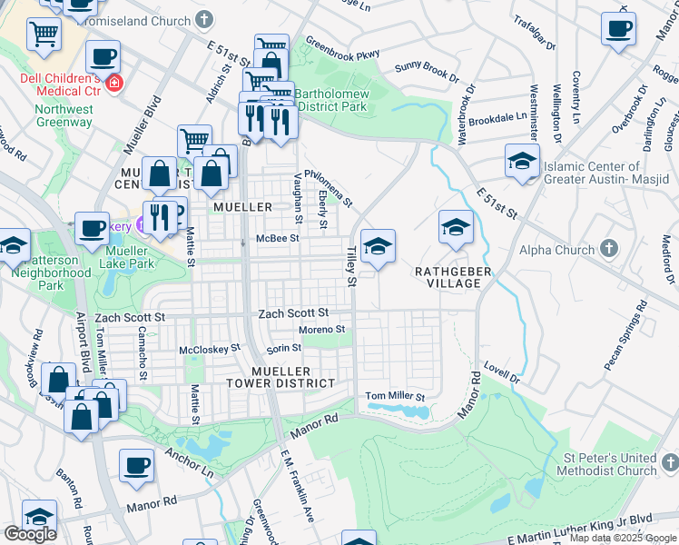 map of restaurants, bars, coffee shops, grocery stores, and more near 5004 Camacho Street in Austin