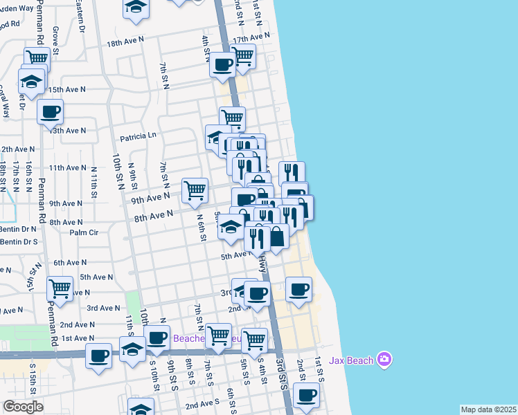 map of restaurants, bars, coffee shops, grocery stores, and more near 791 Florida A1A in Jacksonville Beach