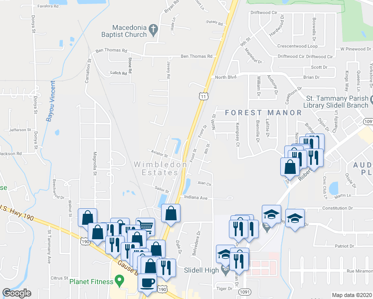 map of restaurants, bars, coffee shops, grocery stores, and more near 712 Front Street in Slidell