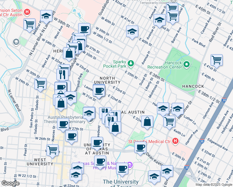 map of restaurants, bars, coffee shops, grocery stores, and more near 3207 Grooms Street in Austin