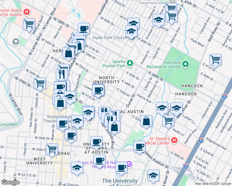 map of restaurants, bars, coffee shops, grocery stores, and more near 306 East 32nd Street in Austin