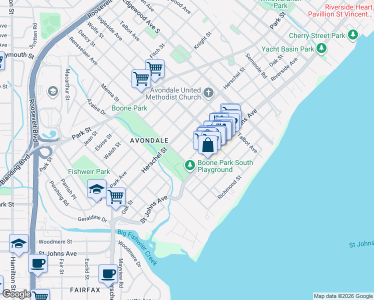 map of restaurants, bars, coffee shops, grocery stores, and more near 3668 Riverside Avenue in Jacksonville
