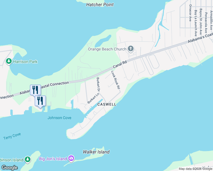 map of restaurants, bars, coffee shops, grocery stores, and more near 4798 Burkart Ln in Orange Beach