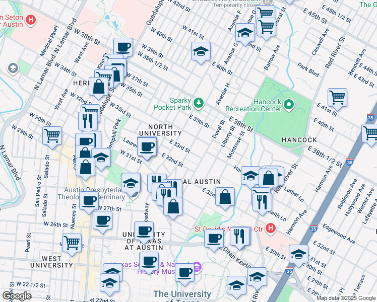 map of restaurants, bars, coffee shops, grocery stores, and more near Tom Green St & E 33rd St in Austin