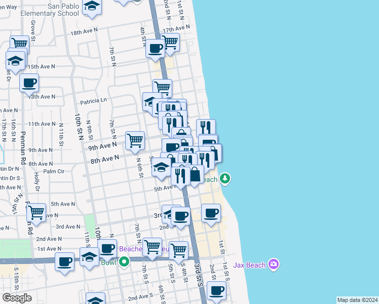 map of restaurants, bars, coffee shops, grocery stores, and more near 791 Florida A1A in Jacksonville Beach