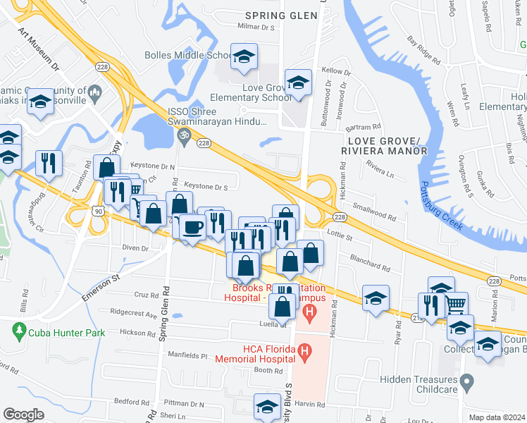 map of restaurants, bars, coffee shops, grocery stores, and more near 5751 Beach Boulevard in Jacksonville