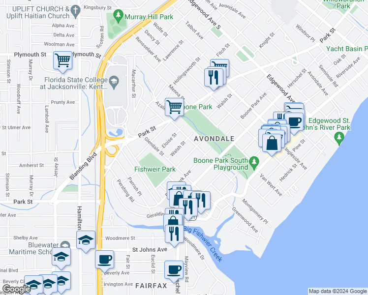 map of restaurants, bars, coffee shops, grocery stores, and more near 3858 Valencia Road in Jacksonville
