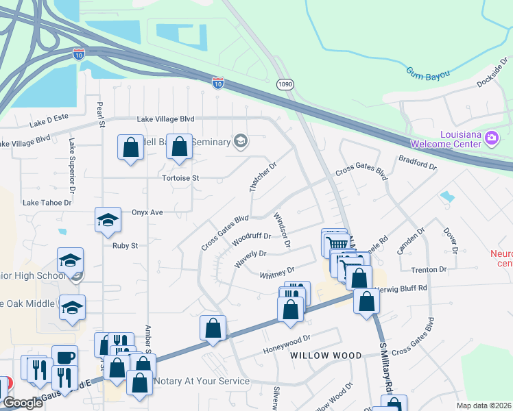map of restaurants, bars, coffee shops, grocery stores, and more near 864 Cross Gates Boulevard in Slidell