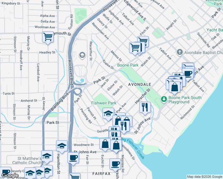map of restaurants, bars, coffee shops, grocery stores, and more near 3880 Eloise Street in Jacksonville