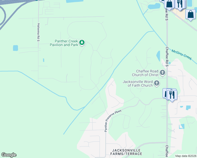 map of restaurants, bars, coffee shops, grocery stores, and more near 11368 Panther Creek Parkway in Jacksonville