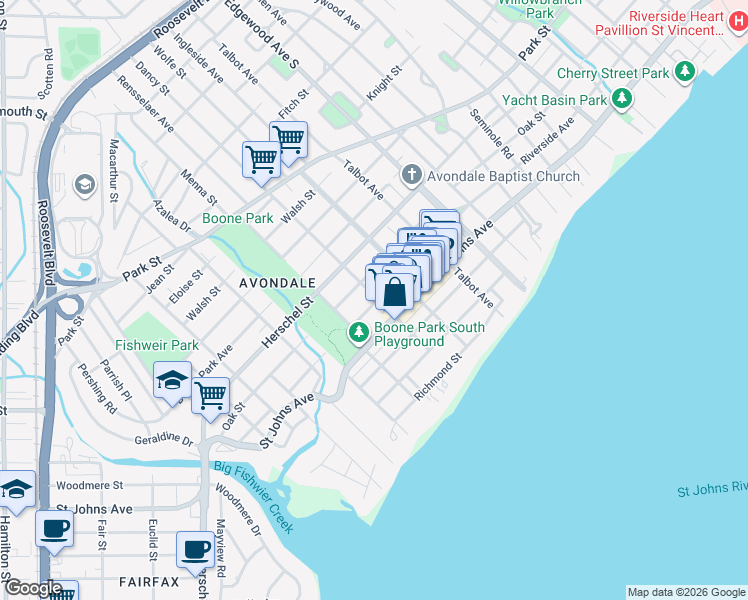 map of restaurants, bars, coffee shops, grocery stores, and more near 3668 Riverside Avenue in Jacksonville