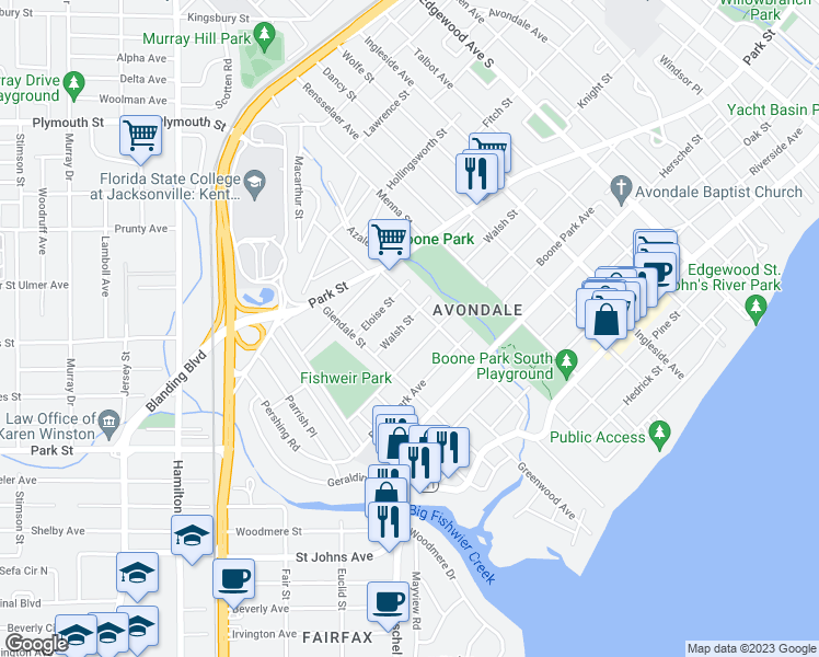 map of restaurants, bars, coffee shops, grocery stores, and more near 3854 Walsh Street in Jacksonville