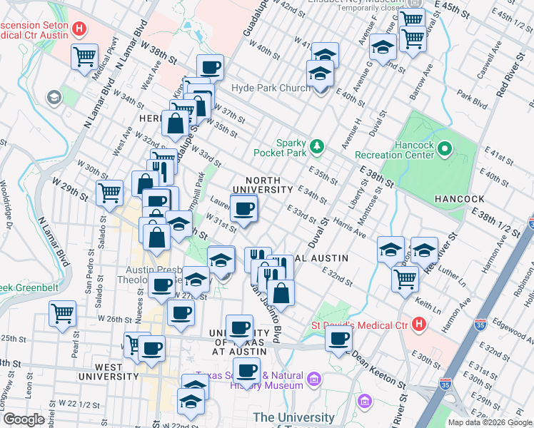 map of restaurants, bars, coffee shops, grocery stores, and more near 202 East 32nd Street in Austin