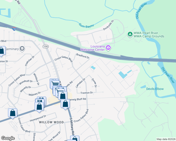 map of restaurants, bars, coffee shops, grocery stores, and more near 102 Dover Drive in Slidell