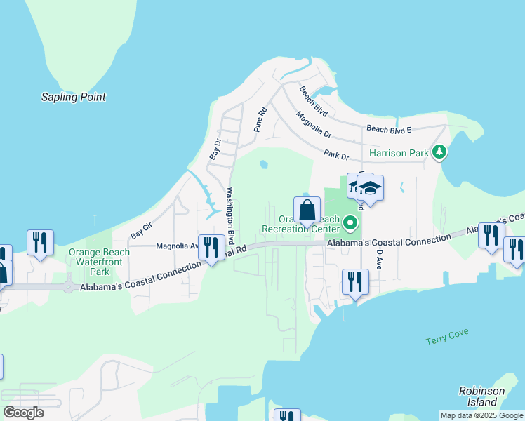 map of restaurants, bars, coffee shops, grocery stores, and more near 26981 Canal Road in Orange Beach