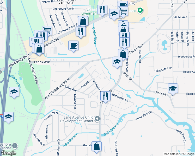 map of restaurants, bars, coffee shops, grocery stores, and more near 1441 Manotak Avenue in Jacksonville