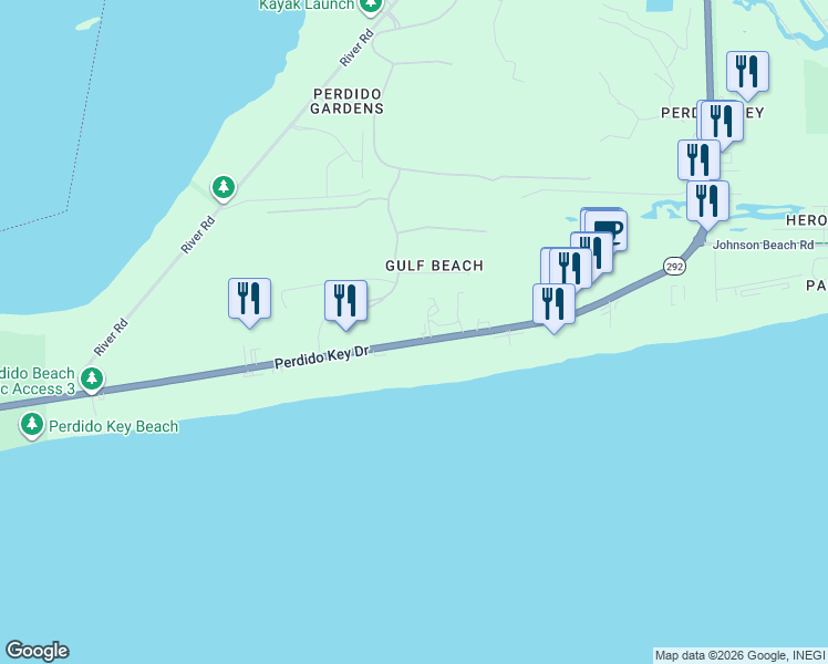 map of restaurants, bars, coffee shops, grocery stores, and more near 14118 Perdido Key Drive in Pensacola