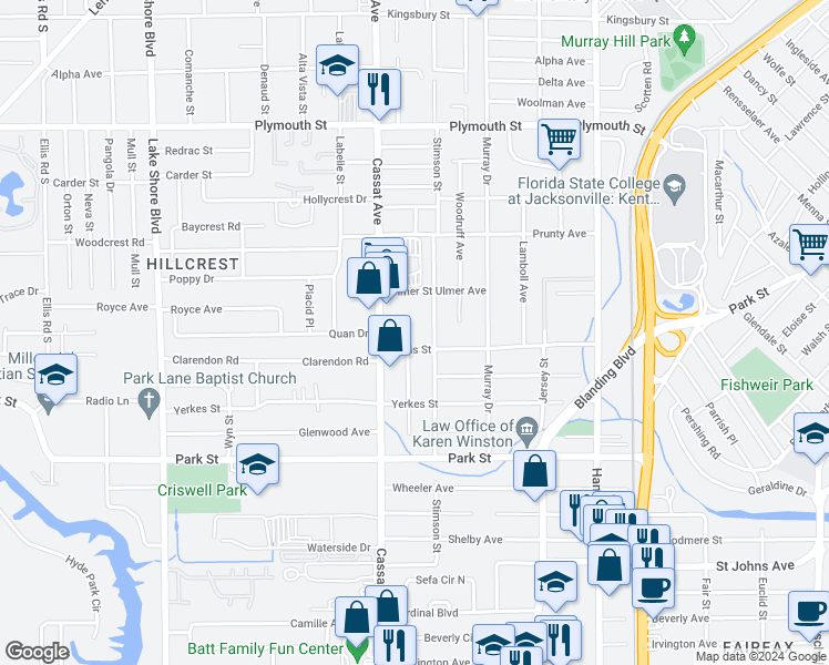 map of restaurants, bars, coffee shops, grocery stores, and more near 1387 Dakar Street in Jacksonville