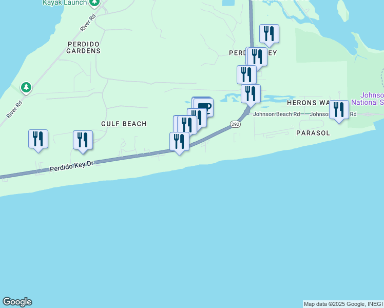 map of restaurants, bars, coffee shops, grocery stores, and more near 13785 Perdido Key Drive in Pensacola