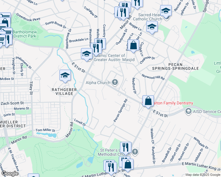 map of restaurants, bars, coffee shops, grocery stores, and more near 3015 East 51st Street in Austin