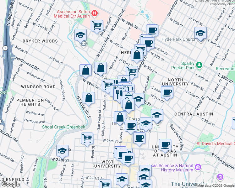 map of restaurants, bars, coffee shops, grocery stores, and more near 2900 Guadalupe Street in Austin
