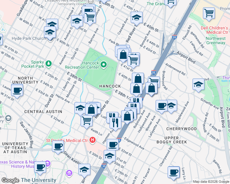 map of restaurants, bars, coffee shops, grocery stores, and more near 3805 Red River Street in Austin