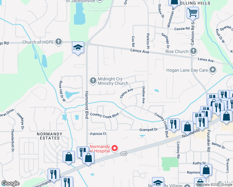 map of restaurants, bars, coffee shops, grocery stores, and more near 8642 Hammond Forest Drive in Jacksonville