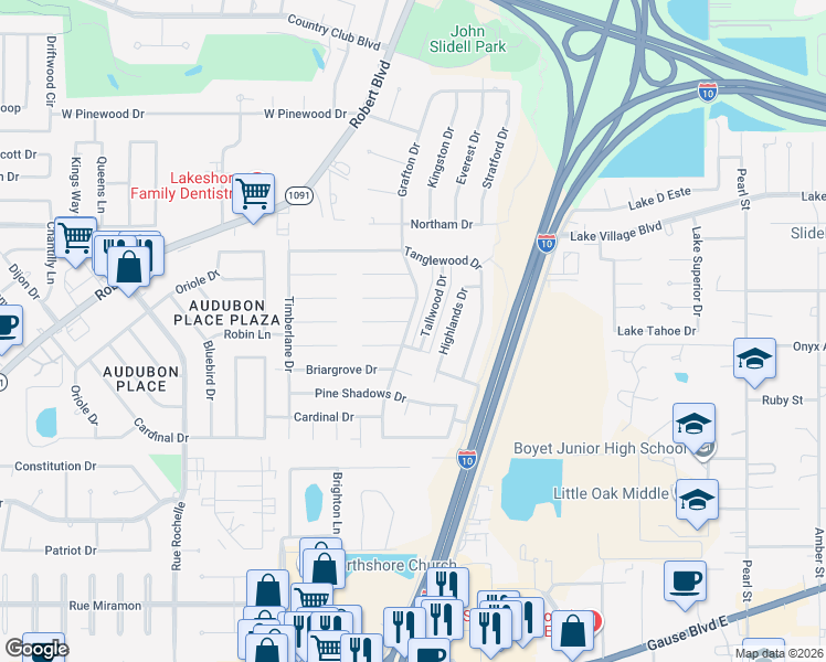 map of restaurants, bars, coffee shops, grocery stores, and more near 433 Live Oak Drive in Slidell