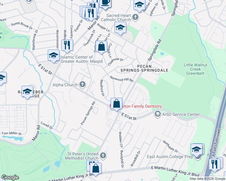 map of restaurants, bars, coffee shops, grocery stores, and more near 5202 Gladstone Drive in Austin