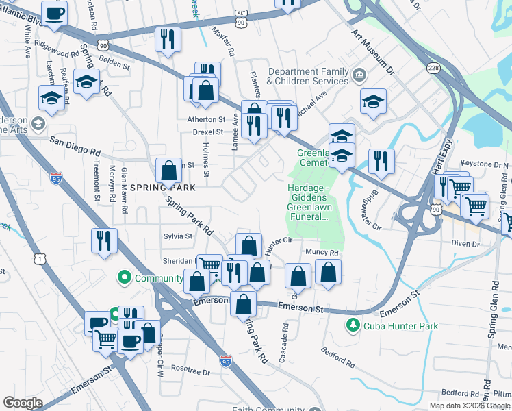 map of restaurants, bars, coffee shops, grocery stores, and more near 3036 Nain Road in Jacksonville