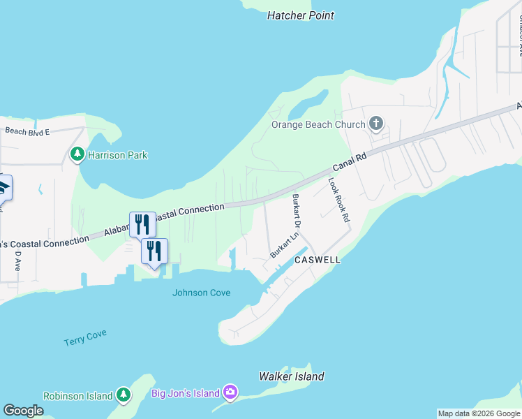 map of restaurants, bars, coffee shops, grocery stores, and more near 28295-28297 Canal Rd in Orange Beach