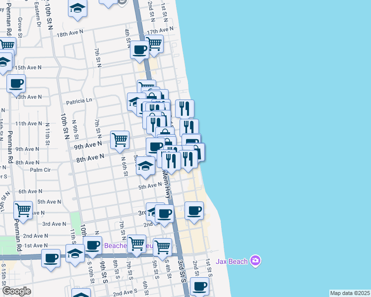 map of restaurants, bars, coffee shops, grocery stores, and more near 814 1st Street North in Jacksonville Beach