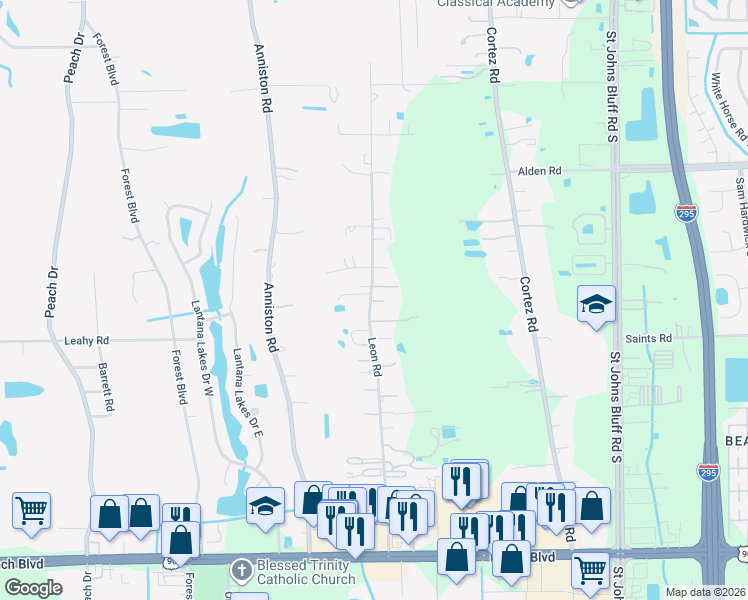 map of restaurants, bars, coffee shops, grocery stores, and more near 2724 Leon Road in Jacksonville